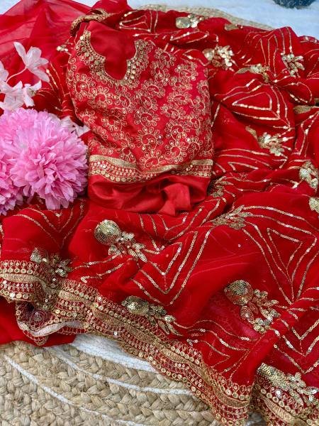 URVASHI     Stunning Red Georgette Saree with Silk Embroidered Blouse Bollywood Fancy Sarees Wholesale
