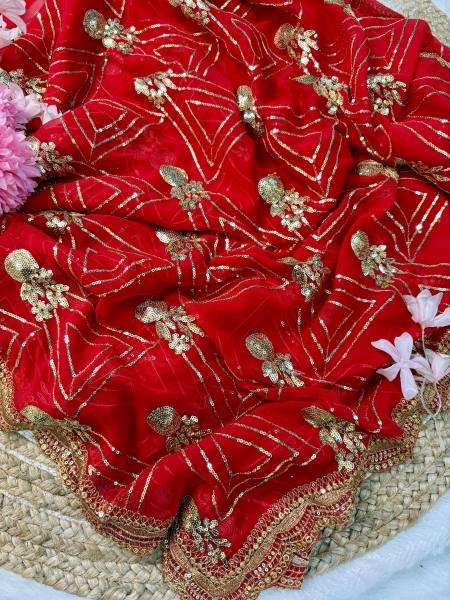URVASHI     Stunning Red Georgette Saree with Silk Embroidered Blouse Bollywood Fancy Sarees Wholesale