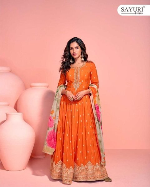 Vartika Singh Chinon Silk Fabric Luminous Readymade Gown With Dupatta In Orange Color Full Set Salwar Kameez