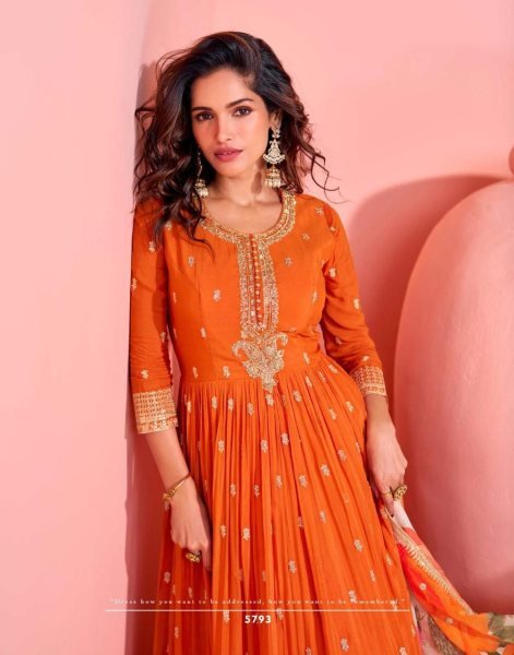 Vartika Singh Chinon Silk Fabric Luminous Readymade Gown With Dupatta In Orange Color Full Set Salwar Kameez