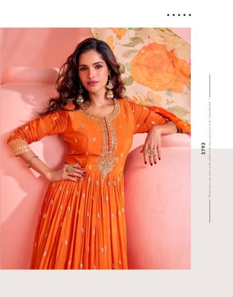 Vartika Singh Chinon Silk Fabric Luminous Readymade Gown With Dupatta In Orange Color Full Set Salwar Kameez
