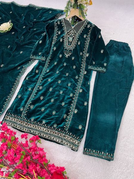 Velvet Silk Kurti Set with Embroidery   Sequins Work At Wholesale Rate Ready To Wear Collection