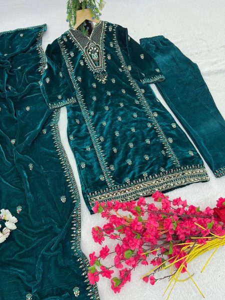 Velvet Silk Kurti Set with Embroidery   Sequins Work At Wholesale Rate Ready To Wear Collection