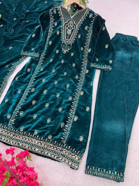 Velvet Silk Kurti Set with Embroidery   Sequins Work At Wholesale Rate Ready To Wear Collection