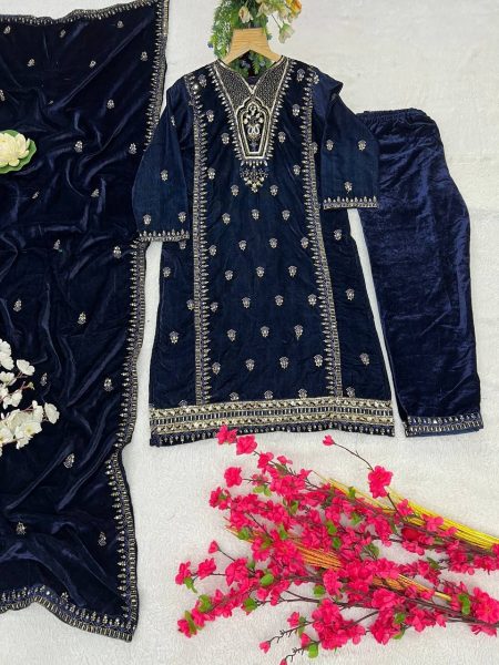 Velvet Silk Kurti Set with Embroidery   Sequins Work At Wholesale Rate Ready To Wear Collection