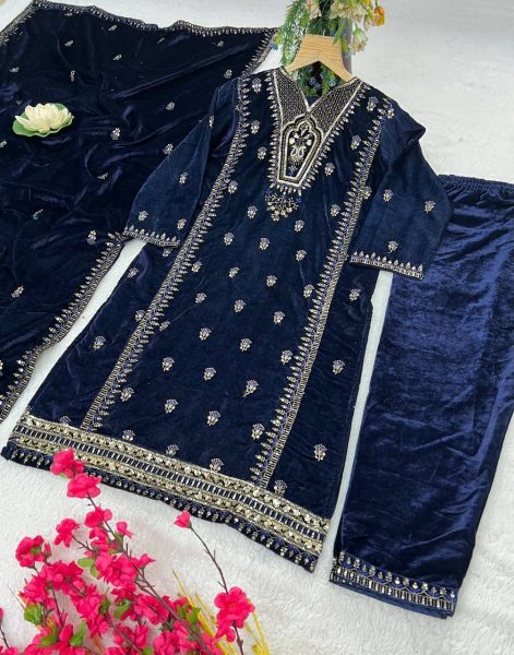 Velvet Silk Kurti Set with Embroidery   Sequins Work At Wholesale Rate Ready To Wear Collection