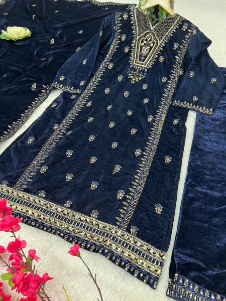 Velvet Silk Kurti Set with Embroidery   Sequins Work At Wholesale Rate Ready To Wear Collection