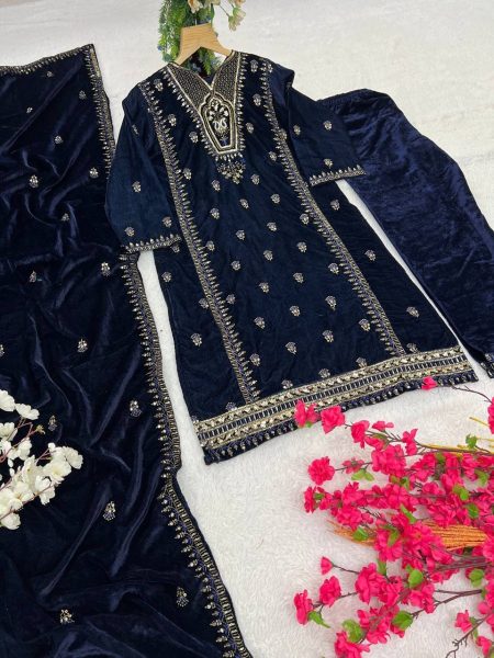 Velvet Silk Kurti Set with Embroidery   Sequins Work At Wholesale Rate Ready To Wear Collection