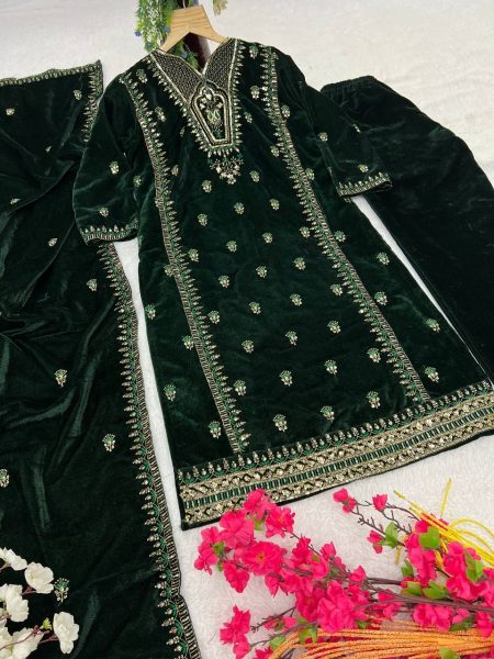 Velvet Silk Kurti Set with Embroidery   Sequins Work At Wholesale Rate Ready To Wear Collection