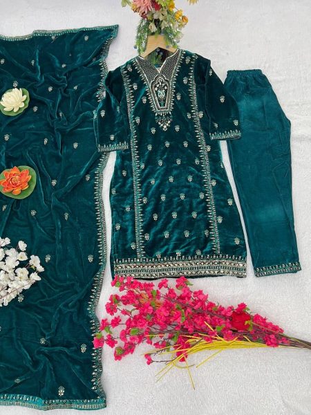 Velvet Silk Kurti Set with Embroidery   Sequins Work At Wholesale Rate Ready To Wear Collection