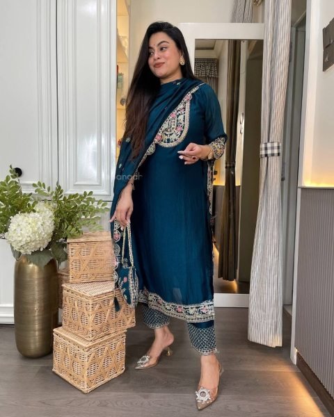 Velvet Teal Charm Stitched Chinon Silk Suit with Mirror Dupatta & Embroidered Bottom 3 Piece Kurti Set