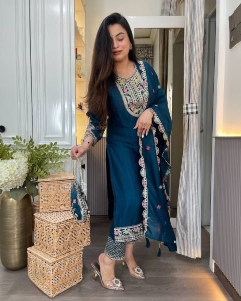 Velvet Teal Charm Stitched Chinon Silk Suit with Mirror Dupatta & Embroidered Bottom 3 Piece Kurti Set