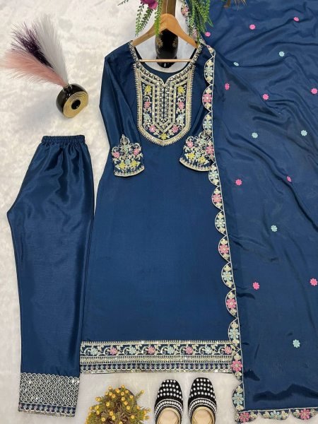 Velvet Teal Charm Stitched Chinon Silk Suit with Mirror Dupatta & Embroidered Bottom 3 Piece Kurti Set