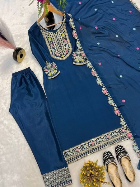 Velvet Teal Charm Stitched Chinon Silk Suit with Mirror Dupatta & Embroidered Bottom 3 Piece Kurti Set