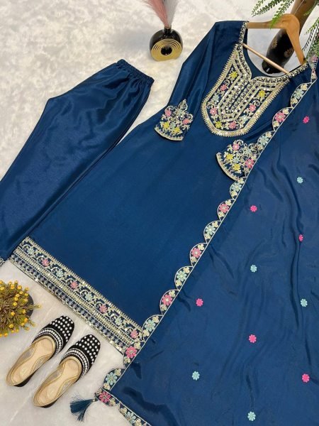 Velvet Teal Charm Stitched Chinon Silk Suit with Mirror Dupatta & Embroidered Bottom 3 Piece Kurti Set