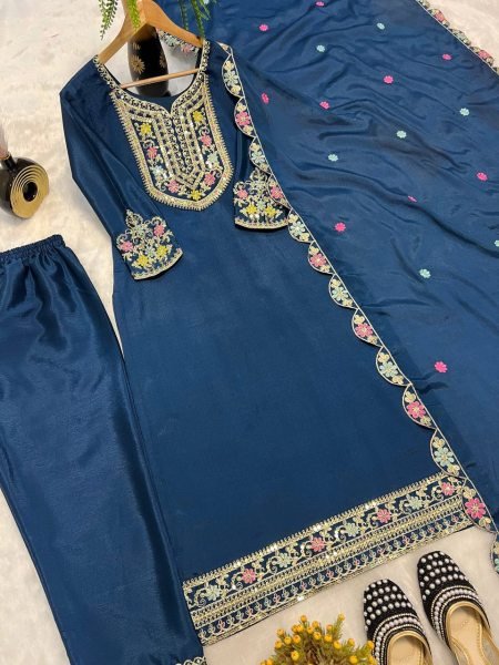Velvet Teal Charm Stitched Chinon Silk Suit with Mirror Dupatta & Embroidered Bottom 3 Piece Kurti Set