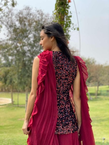Velvet Plazzo Set With Sequence Embroidery Work 3 Piece Kurti Set