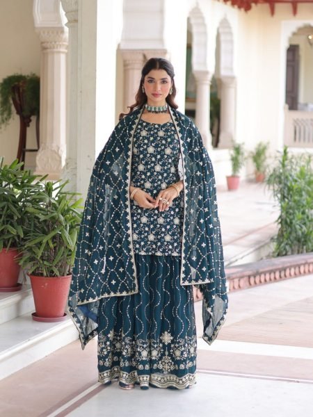 Versatile Blue Ready to wear Georgette Sequins Kurti with Sharara   Dupatta for Special Occasions 