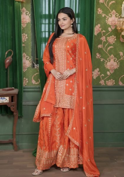 Vibrant Orange  Full-Stitched Outfit with Elastic Bottom & Sequence Work Dupatta In Wholesale Price Ready To Wear Collection