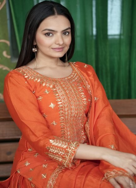 Vibrant Orange  Full-Stitched Outfit with Elastic Bottom & Sequence Work Dupatta In Wholesale Price Ready To Wear Collection