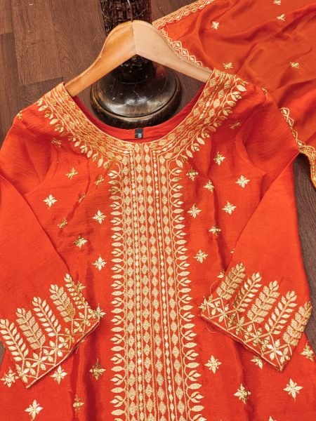 Vibrant Orange  Full-Stitched Outfit with Elastic Bottom & Sequence Work Dupatta In Wholesale Price Ready To Wear Collection