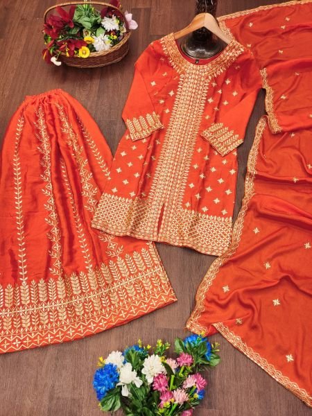 Vibrant Orange  Full-Stitched Outfit with Elastic Bottom & Sequence Work Dupatta In Wholesale Price Ready To Wear Collection