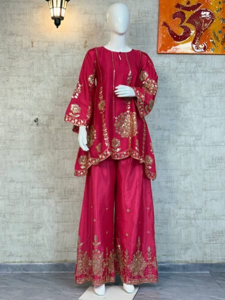 Vibrant Pink Chinon Silk Stitched Top and Bottom Co ord Set with Embroidery and Sequins Work for Functional Wear Kurti With Bottom Wholesale