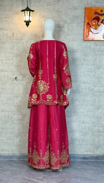 Vibrant Pink Chinon Silk Stitched Top and Bottom Co ord Set with Embroidery and Sequins Work for Functional Wear Kurti With Bottom Wholesale