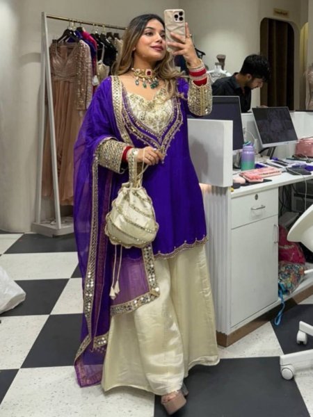 Vibrant Purple and Gold Designer Suit with Dupatta Hand Mirror Embroidery Party Wear for Wholesale Buyers 