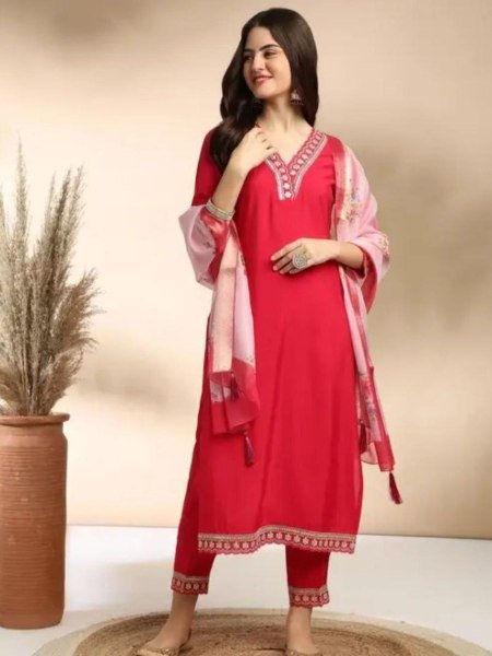 vibrant red cotton slub suit set with fine embroidery graceful everyday wear 