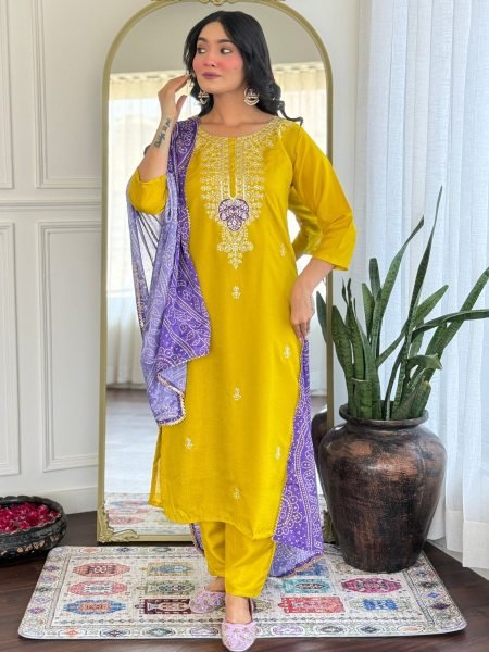 Vichitra Silk Embroidered Kurti Set Mustard Yellow 3 Piece Ready to Wear Suit with Dupatta Elegant Party Wear 