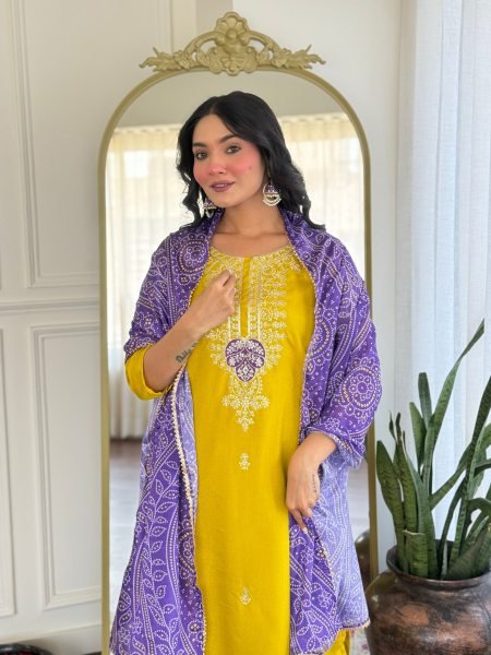 Vichitra Silk Embroidered Kurti Set Mustard Yellow 3 Piece Ready to Wear Suit with Dupatta Elegant Party Wear  Straight Cut Long Kurtis