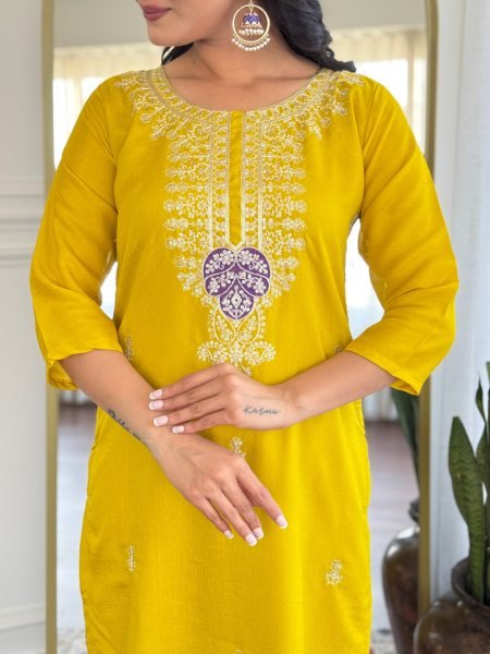 Vichitra Silk Embroidered Kurti Set Mustard Yellow 3 Piece Ready to Wear Suit with Dupatta Elegant Party Wear  Straight Cut Long Kurtis