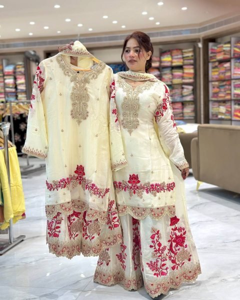 Vichitra Silk Embroidered Sharara Set with Matching Dupatta Ready to Wear Elegant Party Wear Collection at Affordable Price Ready To Wear Collection