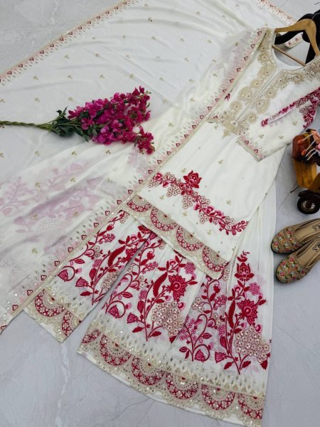 Vichitra Silk Embroidered Sharara Set with Matching Dupatta Ready to Wear Elegant Party Wear Collection at Affordable Price Ready To Wear Collection