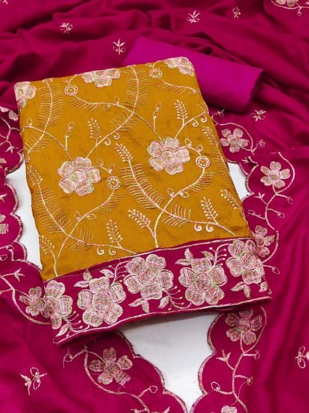 Vichitra Silk Embroidered Suit Material with Dupatta Set for Women 