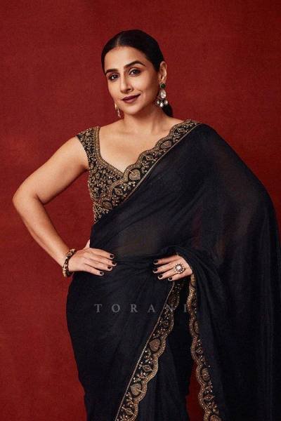 Vidya Balan Black Chinno Silk Saree with Sequence Work and Thai Silk Blouse Bollywood Fancy Sarees Wholesale