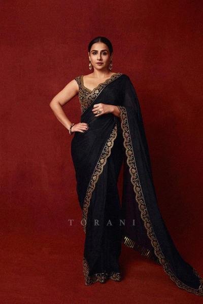 Vidya Balan Black Chinno Silk Saree with Sequence Work and Thai Silk Blouse Bollywood Fancy Sarees Wholesale