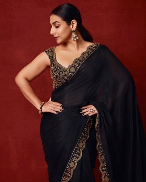 Vidya Balan Black Chinno Silk Saree with Sequence Work and Thai Silk Blouse Bollywood Fancy Sarees Wholesale