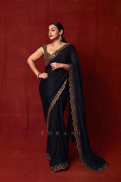 Vidya Balan Black Chinno Silk Saree with Sequence Work and Thai Silk Blouse Bollywood Fancy Sarees Wholesale