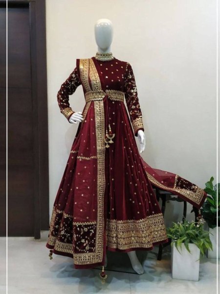 Vintage Viscose Velvet Thread Sequence Work Gown with Belt and Soft Net Dupatta Ready to Wear 