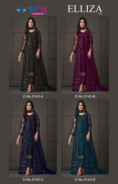 Vipul 5143  Heavy Butterfly Net with Embroidery Codding Work Suit Churidar Salwar Suits Wholesale