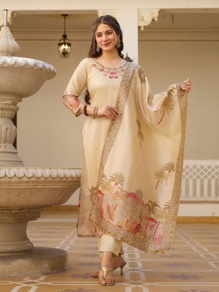 Viscose Assam Silk Fancy Kurti with Bottom Dupatta Set Perfect Ethnic Wear at Best Wholesale Price 3 Piece Kurti Set