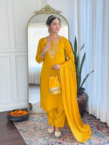 Viscose Chanderi And Viscose Rayon Kurta Set With Naylon Chinnon Dupatta 3 Piece Kurti Set