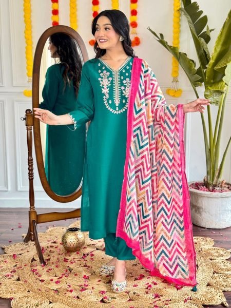 Viscose Chanderi Embroidered Suit Set – Perfect for Every Occasion 3 Piece Kurti Set