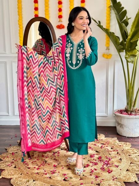 Viscose Chanderi Embroidered Suit Set – Perfect for Every Occasion 3 Piece Kurti Set