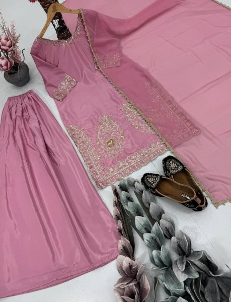Wedding Ready Pink Crepe Sharara Suit with Heavy Sequin   Lace Dupatta Ready To Wear Collection