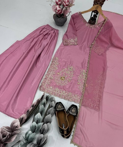 Wedding Ready Pink Crepe Sharara Suit with Heavy Sequin   Lace Dupatta Ready To Wear Collection