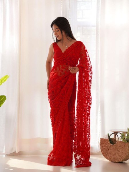 Wedding Glam in Red Butterfly Net Saree with Chain Stitch  & Stone Sparkle Net Sarees Wholesale