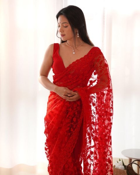 Wedding Glam in Red Butterfly Net Saree with Chain Stitch  & Stone Sparkle Net Sarees Wholesale